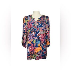 By Design Navy Multicolor Leaf Print Blouse Women’s Large Boho Tropical Top